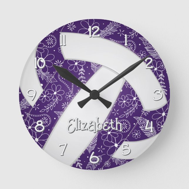 doodle feathers flowers purple boho volleyball round clock (Front)