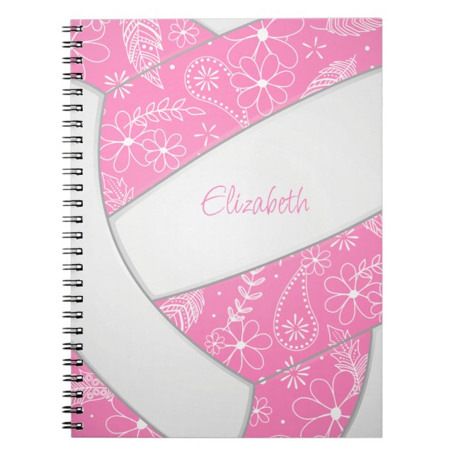 doodle feathers pink white boho volleyball notebook (Front)