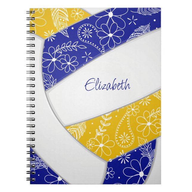 doodle floral blue gold boho volleyball notebook (Front)
