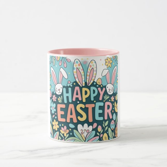 Doodle Floral Happy Easter Bunnies Mug (Center)