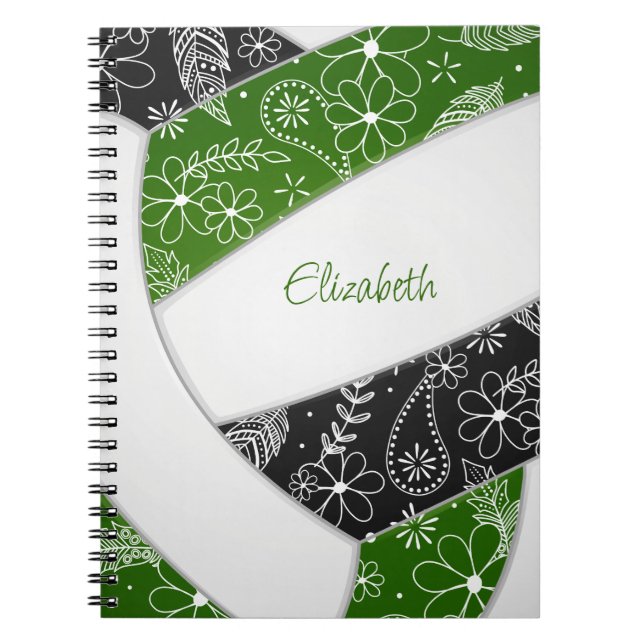 doodle floral pattern green black boho volleyball notebook (Front)