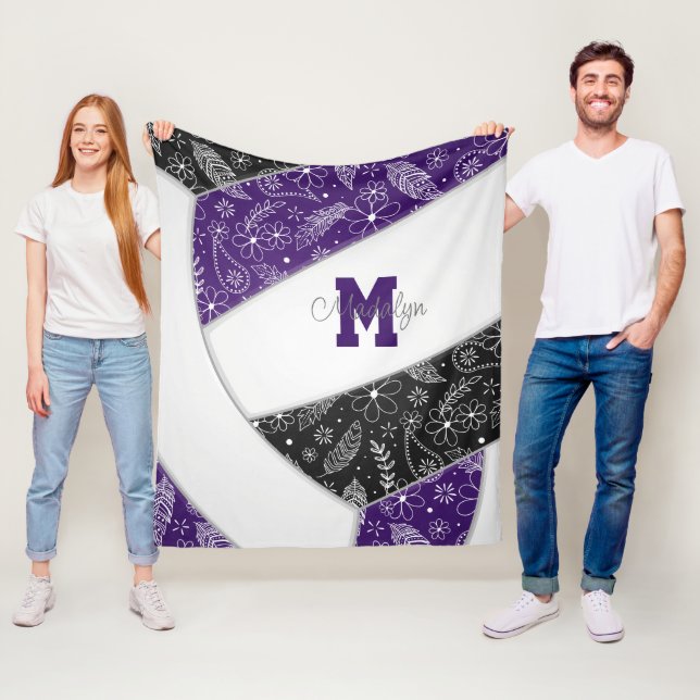 Doodle floral pattern purple black volleyball fleece blanket (In Situ)