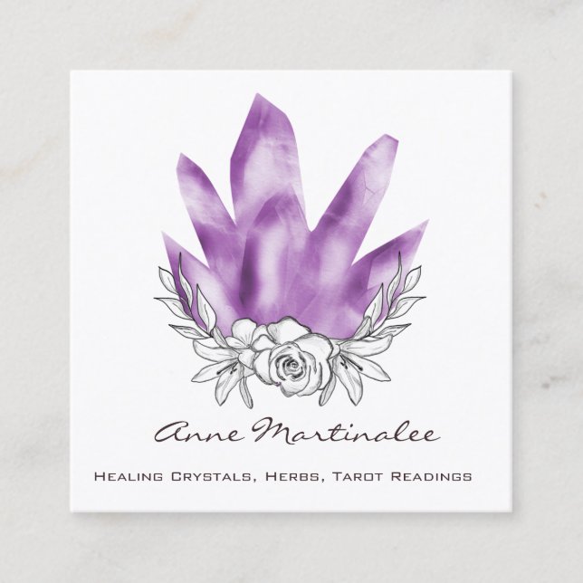 Doodle Floral Purple Crystals Carré Carte de visit (Devant)