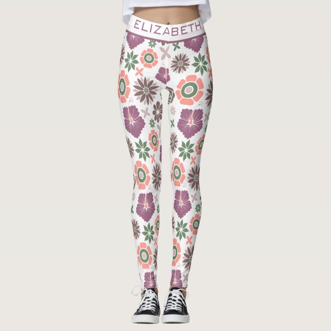 Doodle floral seamless pattern personalized name  leggings (Front)