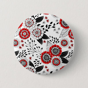 Doodle flowers and leaves in red and black 2 inch round button