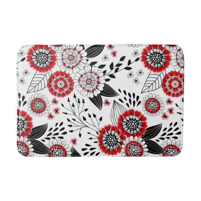 Doodle flowers and leaves in red and black bath mat (Front)