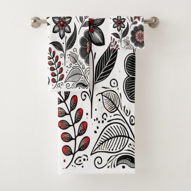 Doodle flowers and leaves in red and black bath towel set (Insitu)