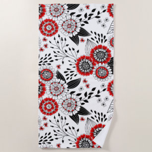 Doodle flowers and leaves in red and black beach towel