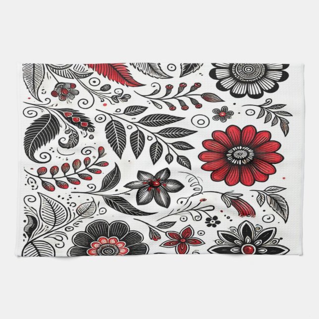 Doodle flowers and leaves in red and black kitchen towel (Horizontal)