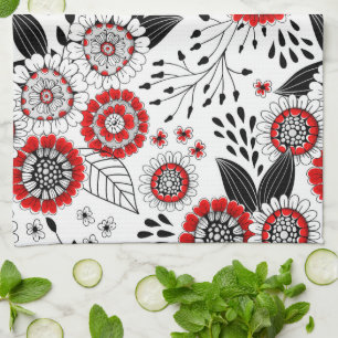 Doodle flowers and leaves in red and black kitchen towel