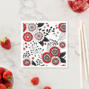 Doodle flowers and leaves in red and black napkin