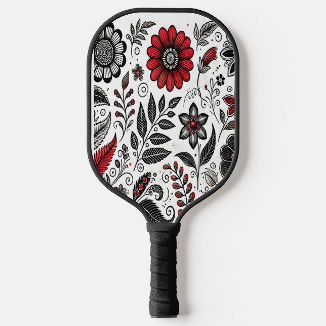 Doodle flowers and leaves in red and black pickleball paddle (Front)