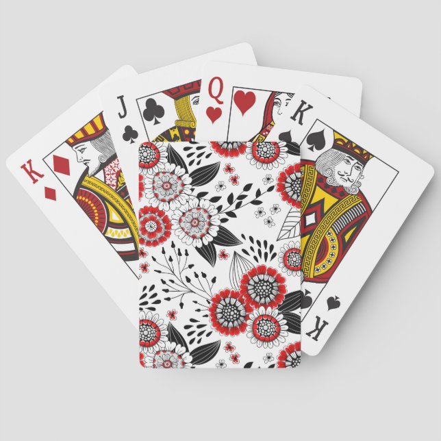 Doodle flowers and leaves in red and black playing cards (Back)