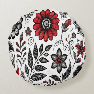 Doodle flowers and leaves in red and black round pillow