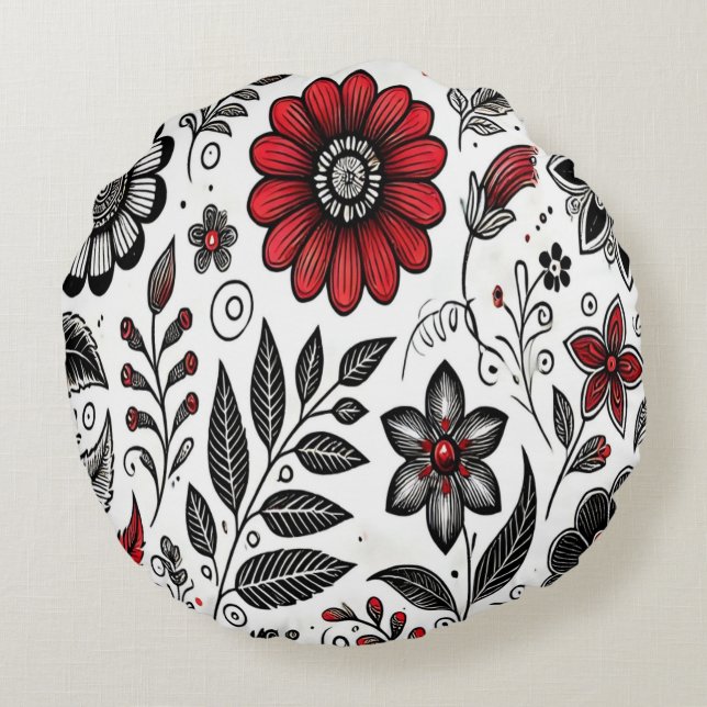 Doodle flowers and leaves in red and black round pillow (Back)