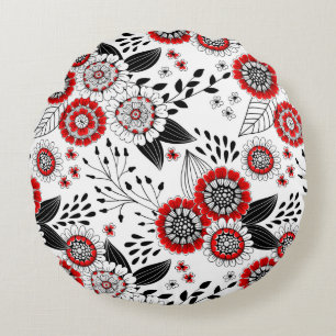 Doodle flowers and leaves in red and black round pillow