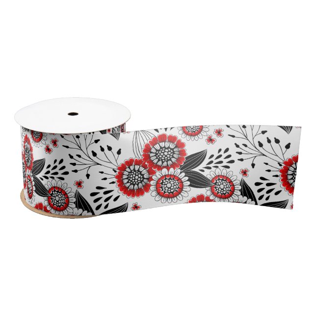 Doodle flowers and leaves in red and black satin ribbon (Spool)