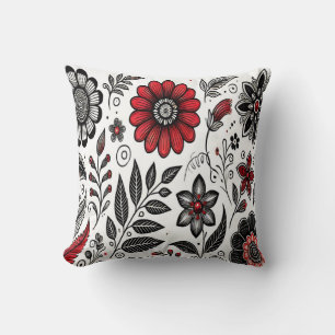 Doodle flowers and leaves in red and black throw pillow