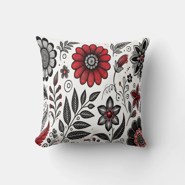 Doodle flowers and leaves in red and black throw pillow (Front)