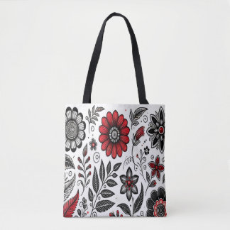 Doodle flowers and leaves in red and black tote bag