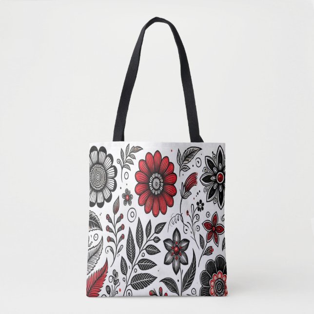 Doodle flowers and leaves in red and black tote bag (Front)