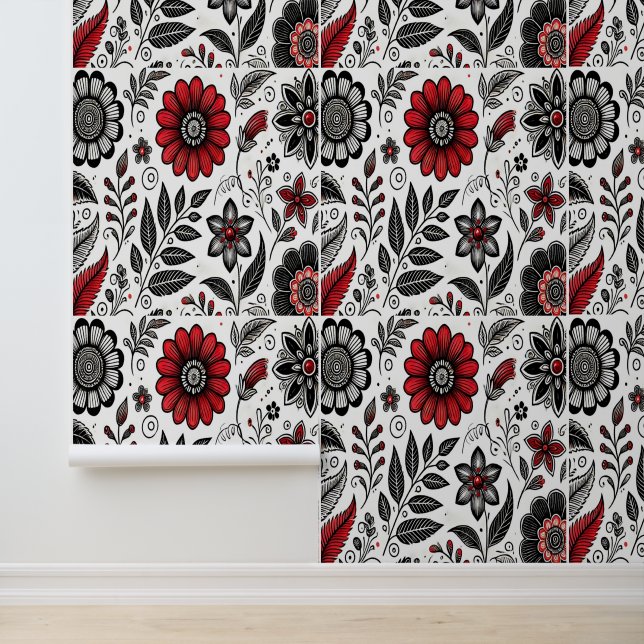 Doodle flowers and leaves in red and black wallpaper (Application)