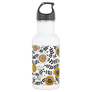 Doodle flowers and leaves in yellow and black 532 ml water bottle