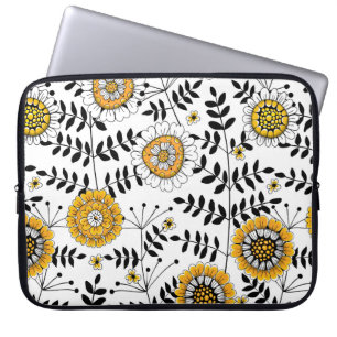 Doodle flowers and leaves in yellow and black laptop sleeve
