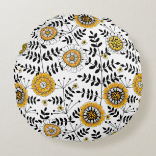 Doodle flowers and leaves in yellow and black round pillow