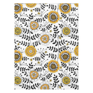 Doodle flowers and leaves in yellow and black tablecloth
