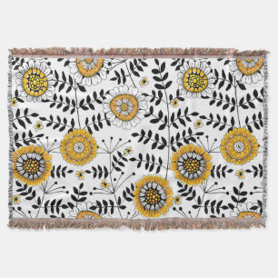 Doodle flowers and leaves in yellow and black throw blanket