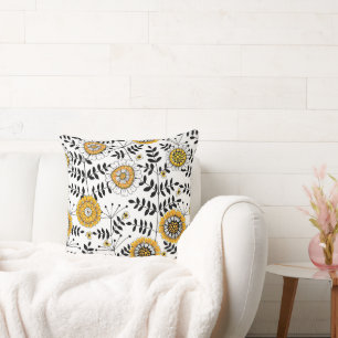 Doodle flowers and leaves in yellow and black throw pillow