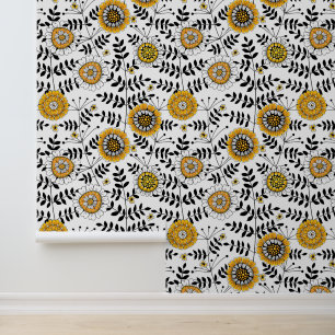 Doodle flowers and leaves in yellow and black wallpaper