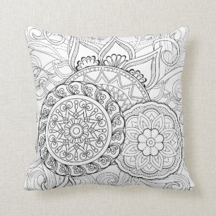 Doodle Flowers And Mandalas Throw Pillow