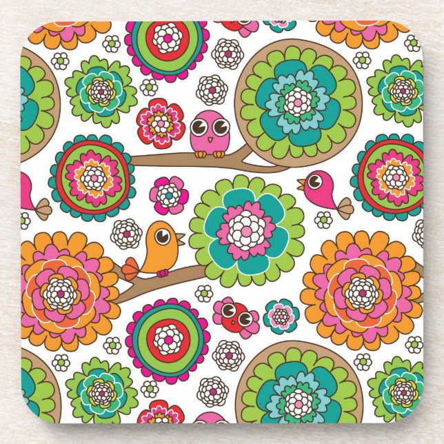 doodle flowers background pattern coaster (Front)