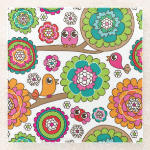 doodle flowers background pattern glass coaster