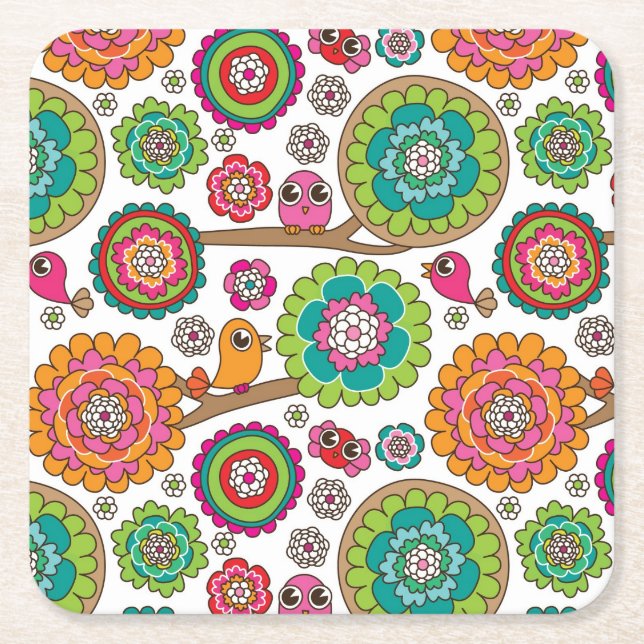 doodle flowers background pattern square paper coaster (Front)