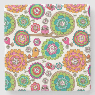 doodle flowers background pattern stone coaster
