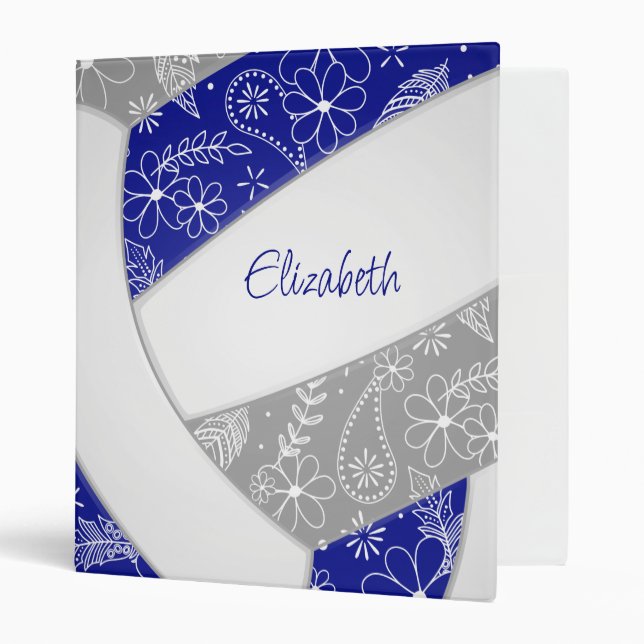 doodle flowers feathers blue grey boho volleyball binder (Front/Inside)