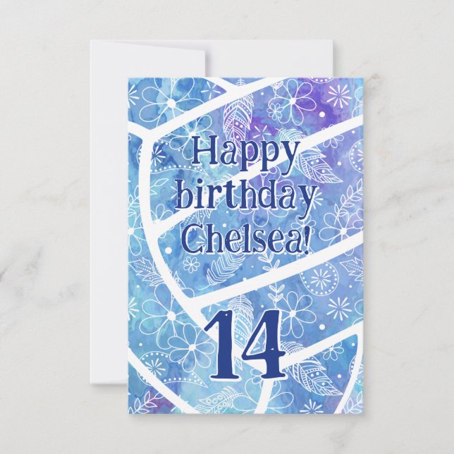 Doodle flowers feathers blue volleyball birthday card (Front)