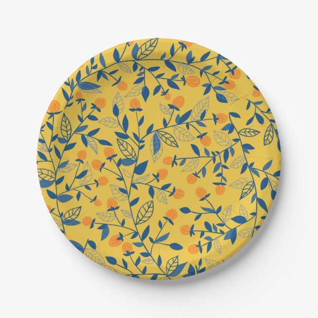 Doodle flowers in blue and yellow paper plate (Front)