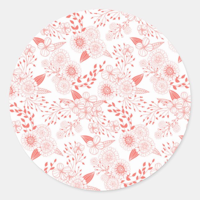 Doodle flowers in living coral classic round sticker (Front)