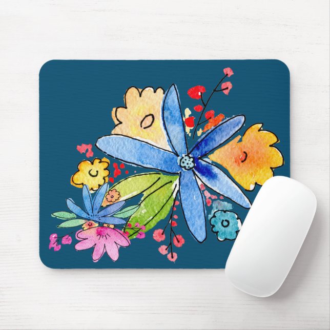 Doodle Flowers On Blue Mouse Pad (With Mouse)