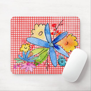 Doodle Flowers On Gingham Mouse Pad