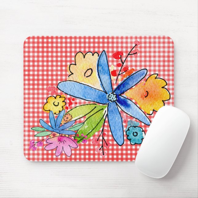 Doodle Flowers On Gingham Mouse Pad (With Mouse)