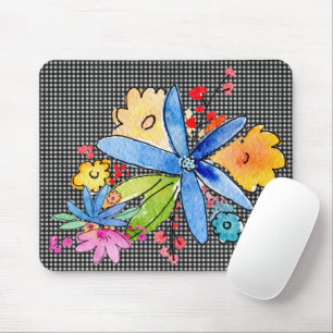 Doodle Flowers On Gingham Mouse Pad