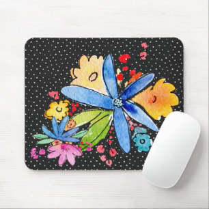 Doodle Flowers On Polka Dot Mouse Pad