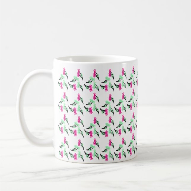 Doodle Flowers Pink Green Pattern Coffee Mug (Left)