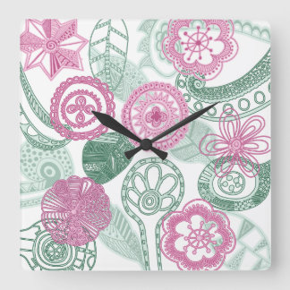 doodle flowers square wall clock