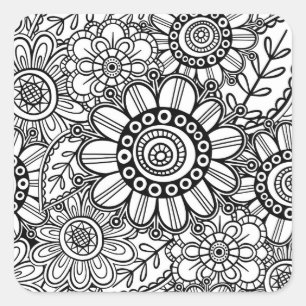 Doodle Folk Art Floral Line Drawing Pattern Square Sticker